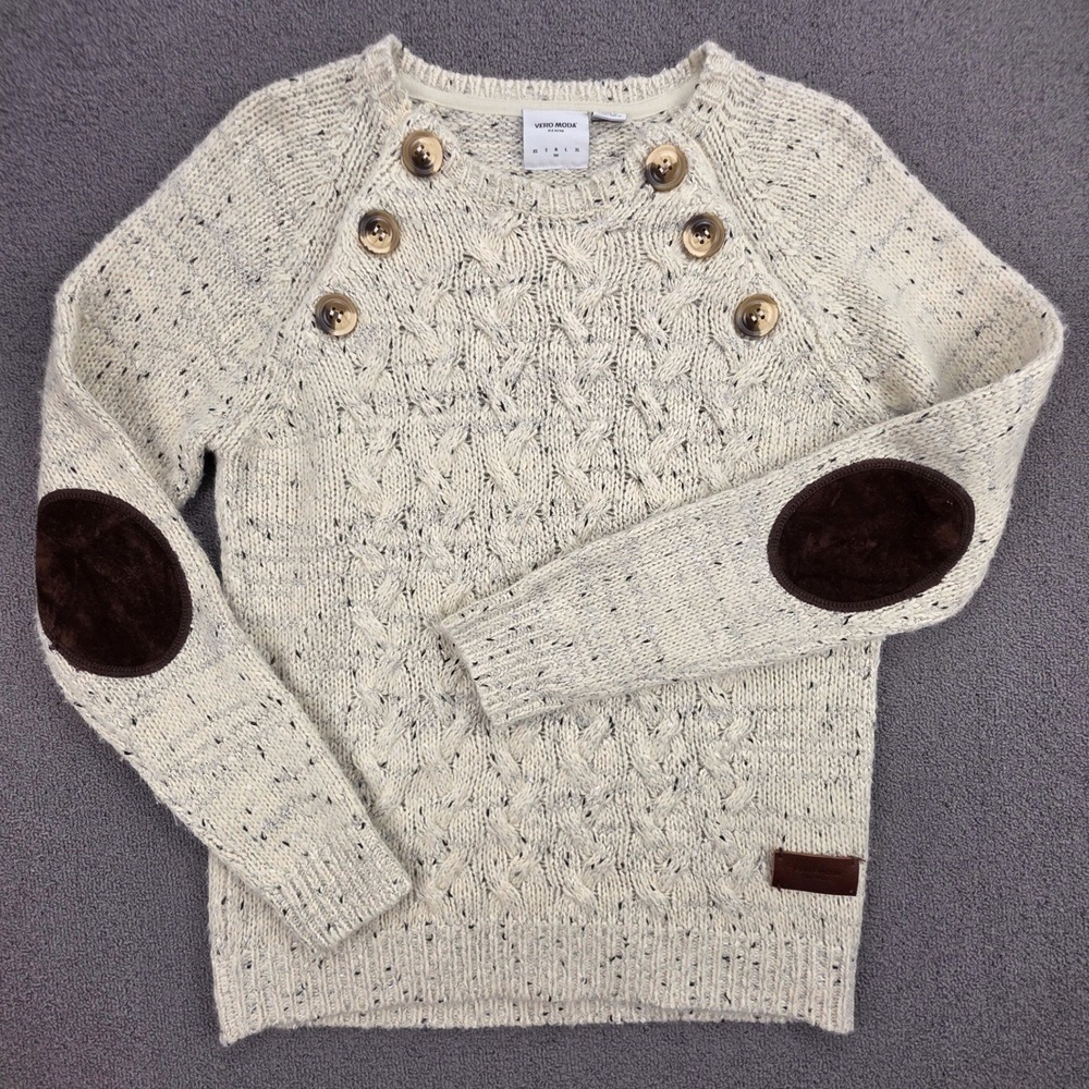 Vero Moda Emma Cable Knit Sweater Womens Cream Button Shoulder Elbow Patch Med